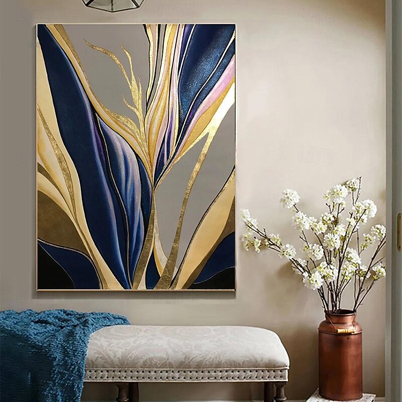 Handmade Oil Painting Canvas Wall Art Decoration Abstract  Modern Gold-Edged Blue Feather for Home Decor Rolled Frameless Unstretched Painting2