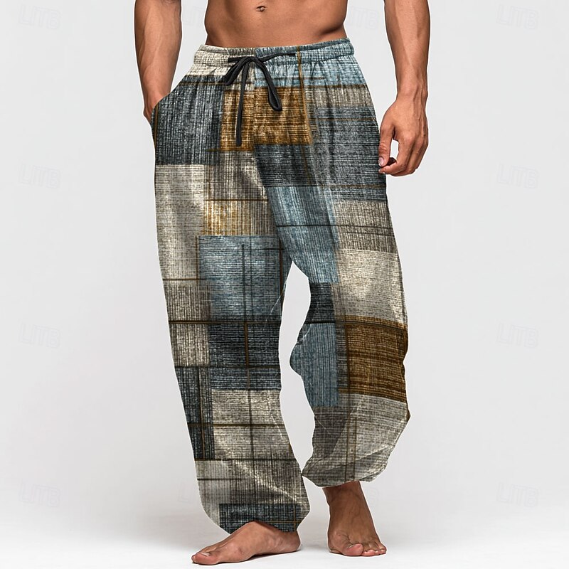 Men's Geometric Color Block Trousers Baggy Pants Casual Pants Mid Waist Vintage Outdoor Vacation Elastic Drawstring Waist Linen-Like Pants with Pockets Summer Spring Fall 3D Print Blue Green Khaki
