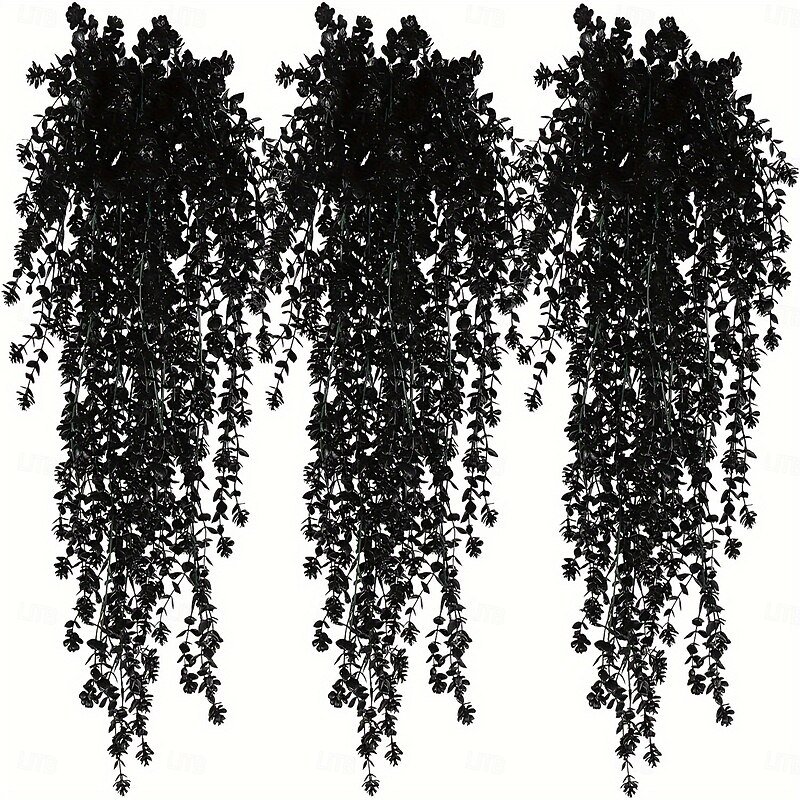 2pcs Luxurious Black Faux Hanging Flowers - Durable UV Resistant Artificial Greenery Vines for Indoor/Outdoor Decor Perfect for Weddings Halloween & Fall Wall Accents with Realistic Petals and Stems3