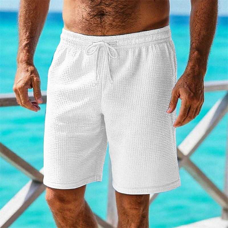 Men's Waffle Shorts Shorts Summer Shorts Casual Shorts Drawstring Pocket Elastic Waist Plain Comfort Breathable Short Outdoor Vacation Sport Casual White Pink2