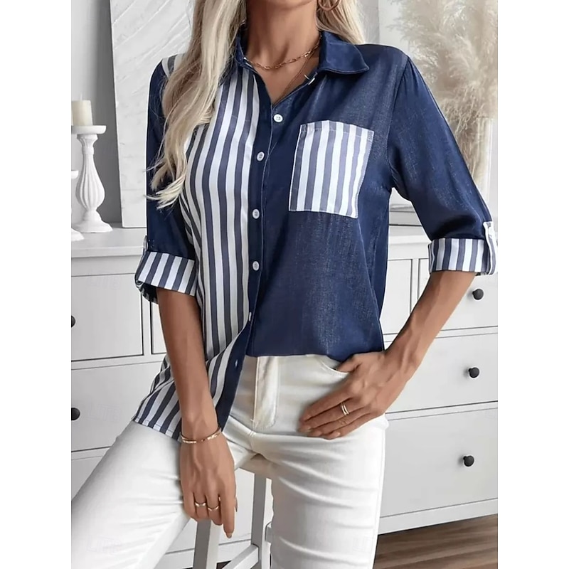 Women's Shirt Plaid Stylish Modern Long Sleeve Shirt Collar Regular Tops Daily Holiday Pocket Buttons Print Navy Blue Summer2