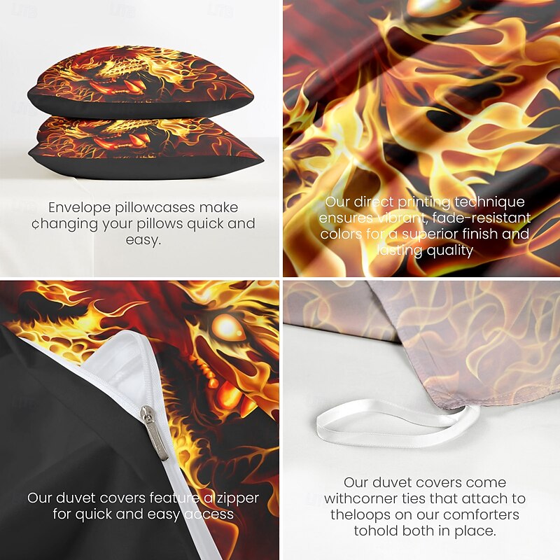 Halloween Duvet Cover Fire Skull by Tom Wood Bedding Set 3-Piece Comforter Cover Set with Zipper Closure, Soft and Lightweight, Holiday Bedroom Decoration2