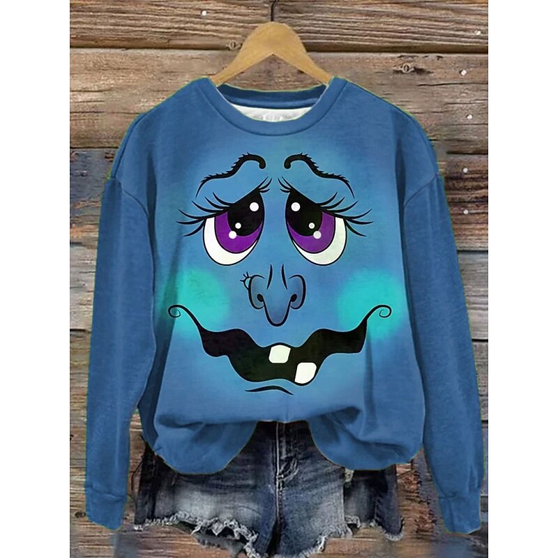 Halloween Women's Sweatshirts Monster Graphic Witch Casual Long Sleeve Crew Neck Regular Tops Street Dailywear Casual Print Blue Purple Green Khaki Fall Winter3