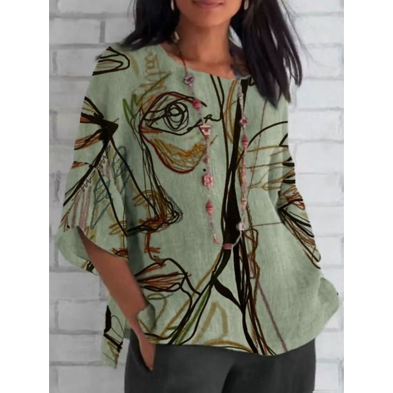 Women's Shirt Abstract Daily Casual 3/4 Length Sleeve Crew Neck Regular Tops Daily Holiday Print White Blue Green Summer Spring Fall