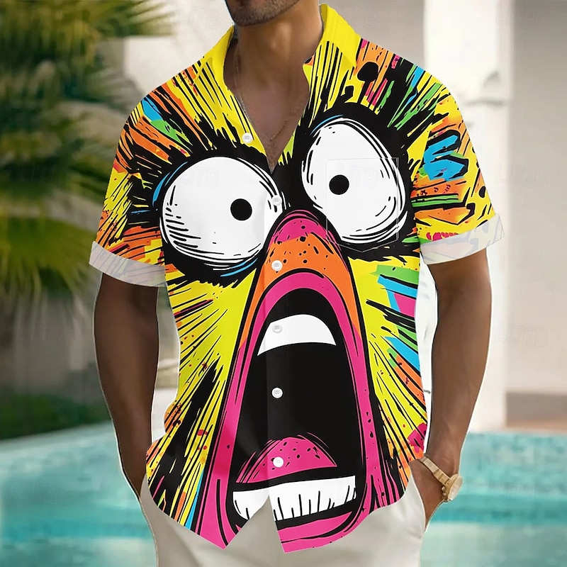 Men's Cartoon Funny Big Eyes Shirt Summer Shirt Button Up Shirt Short Sleeve Fashion Casual Vacation Holiday Streetwear Summer Turndown 3D Print Front One Pocket Linen Like Shirt Yellow - Main Image