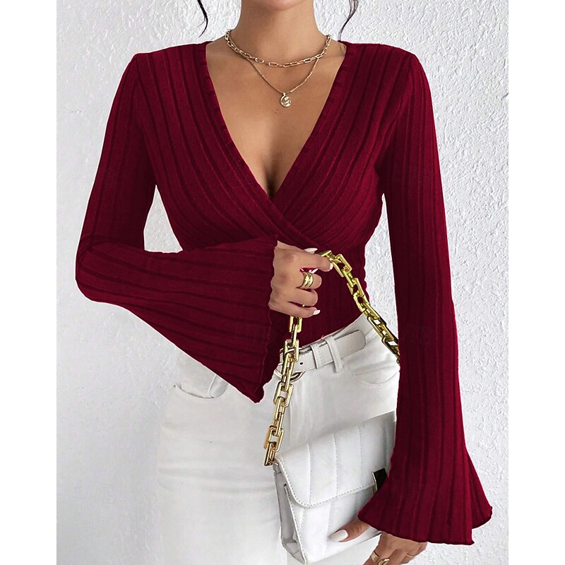 Women's Texture Blouse T Shirt Plain Fashion Modern Long Sleeve V Neck Regular Tops Daily Tunic Black Wine Summer2