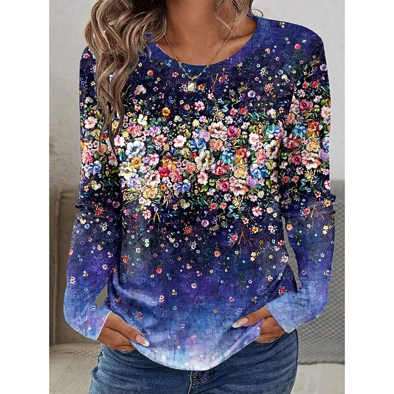 Women's T shirt Crew Neck Long Sleeve Tunic Floral Graphic Plants Vintage Stylish Classic  Round Neck Regular Tops Daily Print Navy Blue Fall