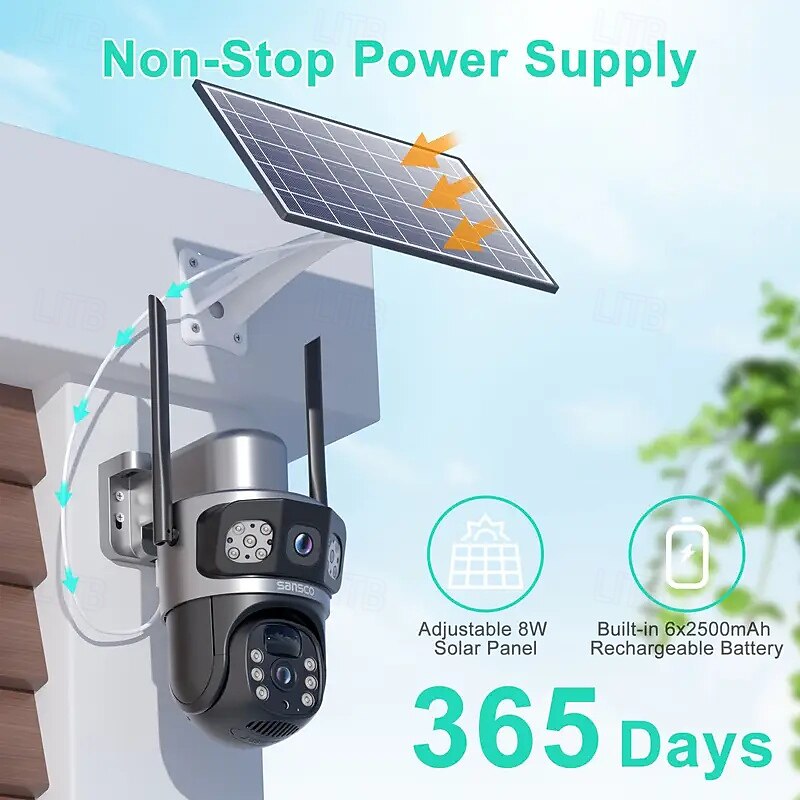 Dual-lens Solar-powered Wireless Outdoor Security Camera 8-megapixel Resolution 355 Pan-tilt Rotation With Colour Night Vision Spotlight/Alarm Motion Detection Two-way Intercom Wifi Monitoring.2