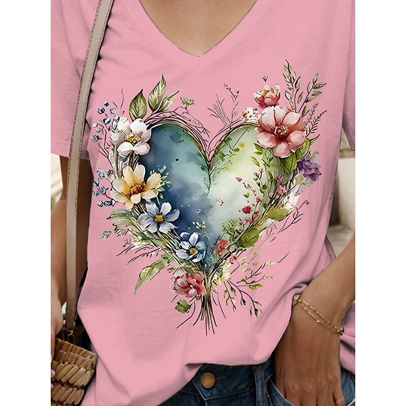 Women's T Shirt Heart Floral Graphic Vintage Fashion Hawaiian Short Sleeve V Neck Regular Tops Daily Going out Weekend Print Black White Yellow Pink Blue Summer Spring3