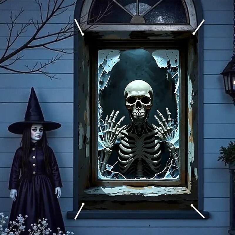 Halloween Window Curtain Skeleton with Outstretched Hands, Creepy Door Cover, Window cover,  Wall Tapestry for 2025 Halloween Haunted House Decoration4