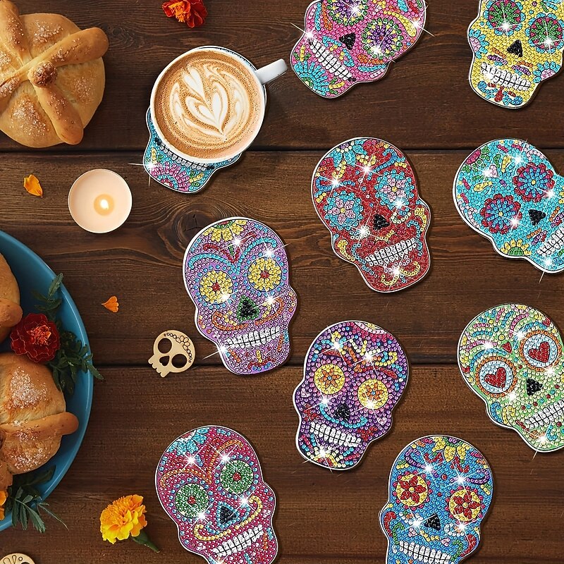 10pcs Set Vibrant 5D Skull Pattern Diamond Painting Coasters - DIY Sparkling Wooden Coasters with Black Metal Holder Ideal for Beginners Perfect Christmas & Birthday Gifts4