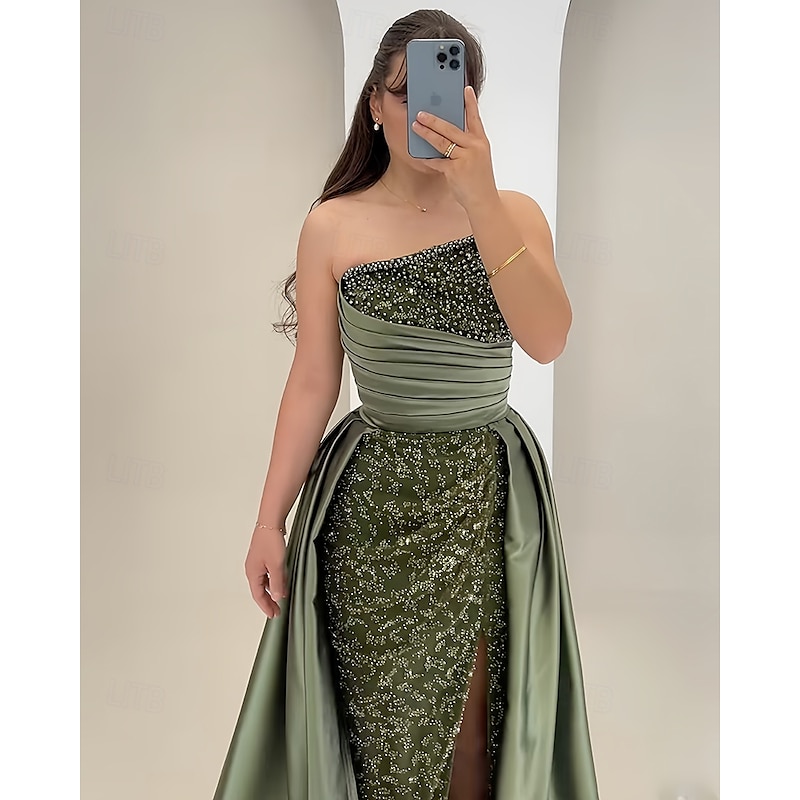 A-Line Mermaid / Trumpet Evening Gown Elegant Dress Formal Wedding Floor Length Sleeveless StraplessMother Of the Bride Dress Satin with Rhinestone Glitter Ruched2