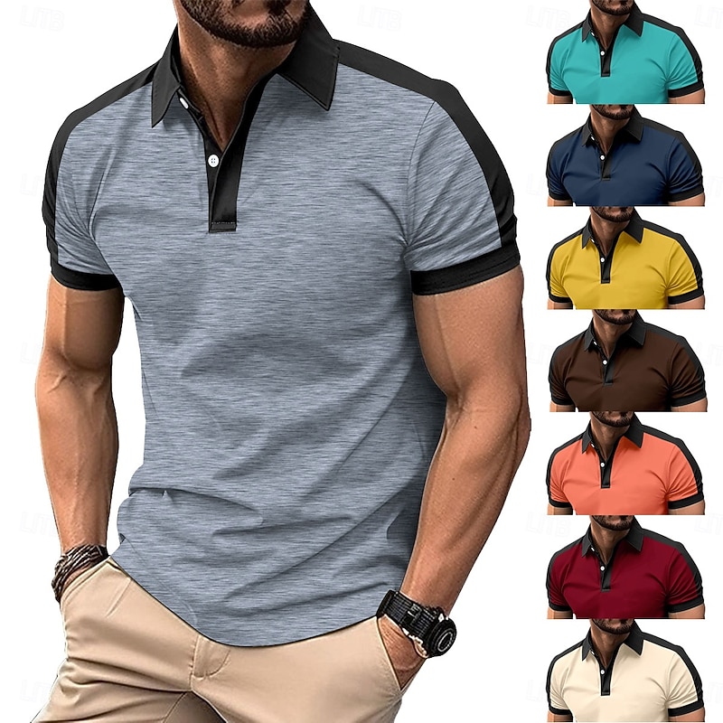 Men's Golf Shirt Business Casual Turndown Short Sleeve Fashion Solid Color Buttons Summer Orange red rice white Red Navy Blue Sky Blue Gold Golf Shirt