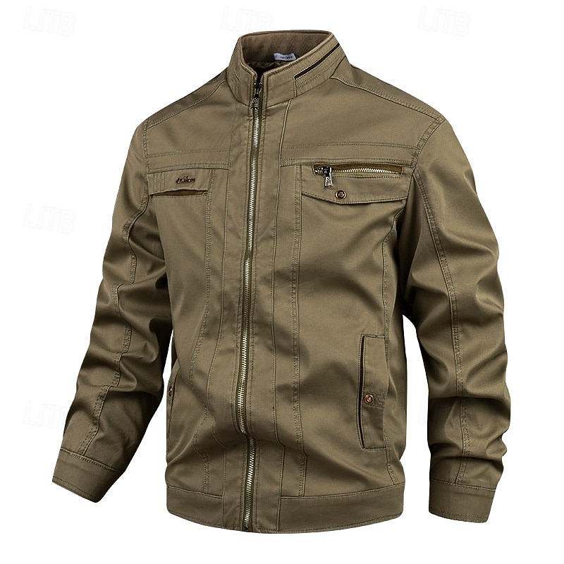 Men's Lightweight Jacket Cargo Jacket Casual Jacket Vacation Daily Warm Pocket Fall Winter Plain Fashion Classic Stand Collar Regular Light Khaki Khaki Jacket
