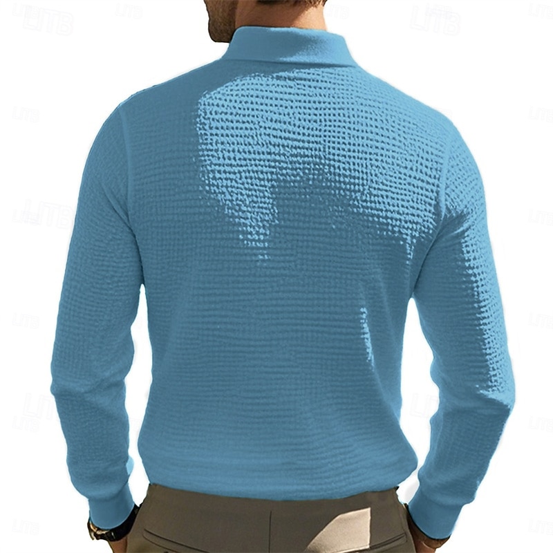 Men's Waffle Polo Shirts Golf Shirt Work Casual Lapel Long Sleeve Basic Modern Solid Color Buttons Spring &  Fall Regular Fit Wine Black White Yellow Light Grey Light Blue Waffle Polo Shirts3