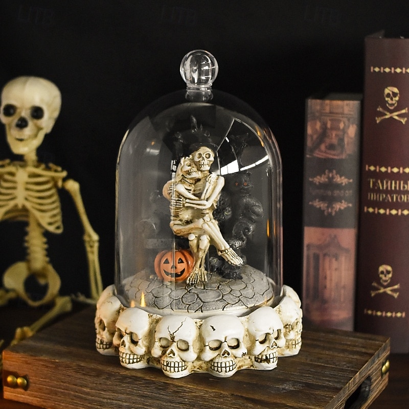 Halloween Skeleton Couple LED Resin Figurines, Spooky Haunted House Tabletop Decorations for Halloween Party, Festival Atmosphere Props