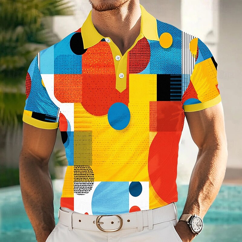 Men's Polo Vacation Street Turndown Short Sleeve Vacation Geometric Color Block Buttons Summer Slim Fit Lake blue Blue Yellow Green Polo4