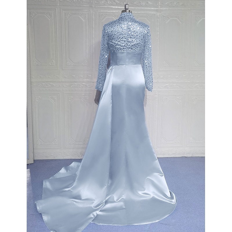 Mermaid Evening Gown Sequin Elegant Dress Formal Sweep / Brush Train Long Sleeve High Neck Satin with Pearls Masquerade Dress3