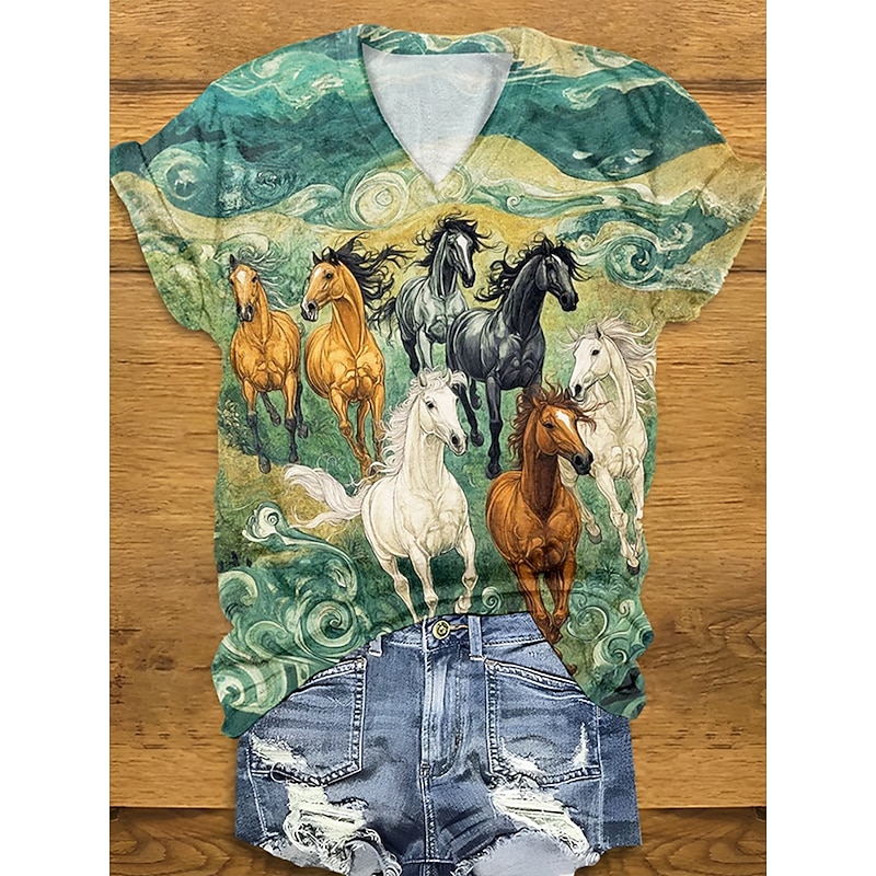 Women's T Shirt Graphic Animal Vintage Casual Short Sleeve V Neck Regular Tops Daily Weekend Print Yellow Green Summer Spring