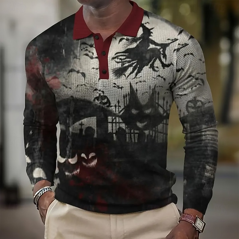 Halloween Men's Pumpkin Witch Waffle Polo Shirts Long Sleeve Polo Shirts Collared Shirts Casual Dark Daily Wear Festival Wear 3D Print Buttons Spring Fall Winter Black