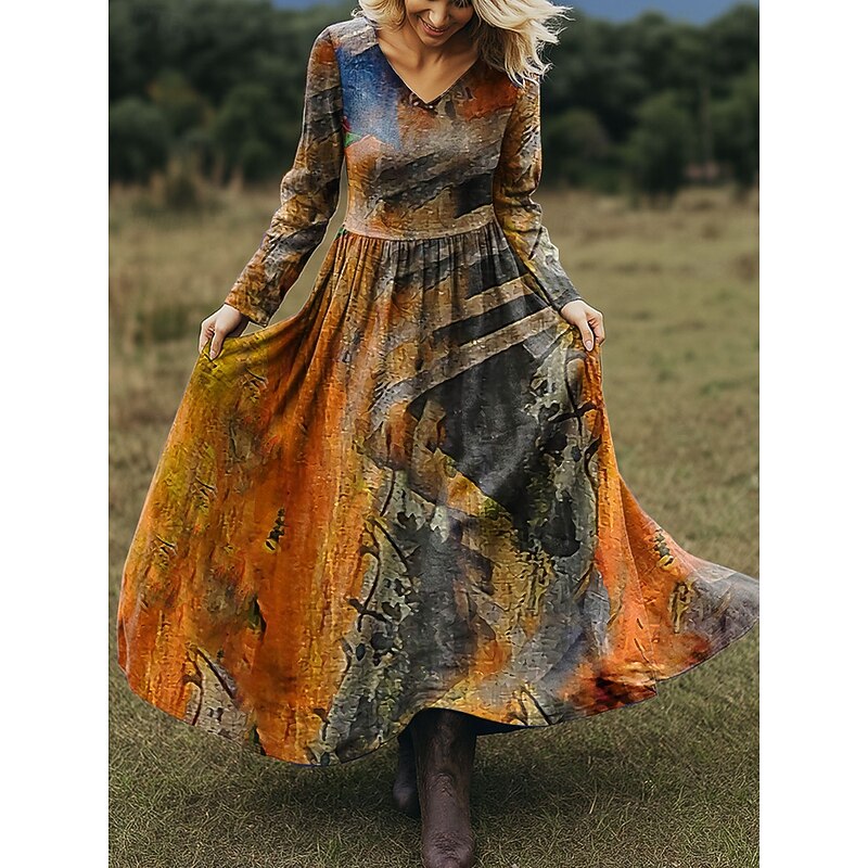 Women's Maxi Dress A Line Dress Vacation Casual Boho Beach Regular Fit Floral Graphic Long Sleeve V Neck Pink Blue Orange Beige Spring Fall4