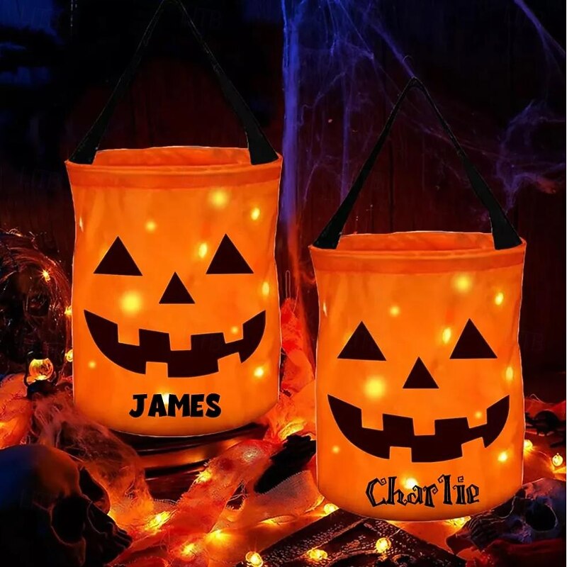 Personalized Halloween LED Light Pumpkin Bucket Custom Name Trick-or-Treat Candy Bag, Custom Name Lantern Gift Bag for Kids, Party Favors2