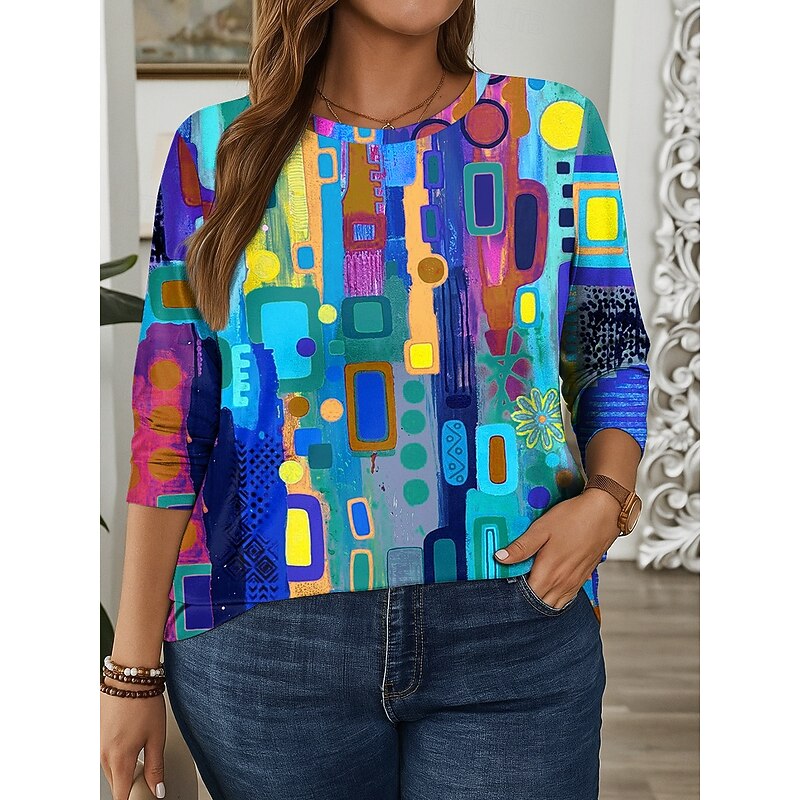 Women's Plus Size Tops T Shirt Graphic Geometry Print Long Sleeve Crew Neck Casual Daily Polyester Fall Winter White Blue4