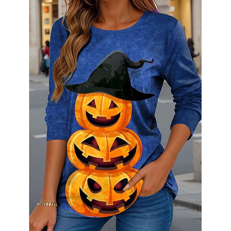 Halloween Women's T shirt Pumpkin Crew Neck Long Sleeve Tunic Graphic Vintage Stylish Classic Regular Tops Daily Print Blue Purple Green Khaki Spring Fall4