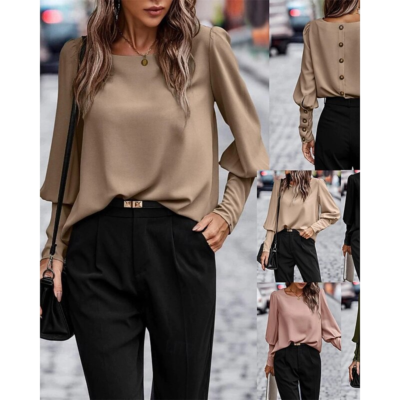 Women's Shirt Texture Blouse Plain Daily Stylish Basic Long Sleeve Crew Neck Regular Tops Work Daily Holiday Buttons Black Army Green Brown Spring Fall