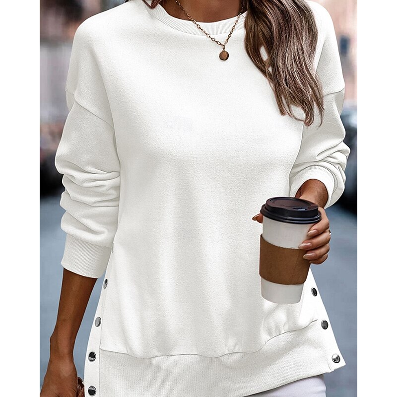 Women's Pullover Sweatshirt Sweatshirts Plain Streetwear Casual Long Sleeve Crew Neck Regular Tops Home Street Holiday Buttons Black White Light Blue Fall Winter