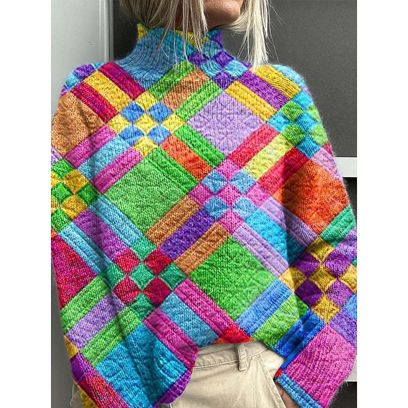 Women's Sweater Casual Soft Geometric Ribbed Turtleneck Knitted Print Long Sleeve Regular Tops Knit Outdoor Daily Weekend Yellow Blue Fall Winter