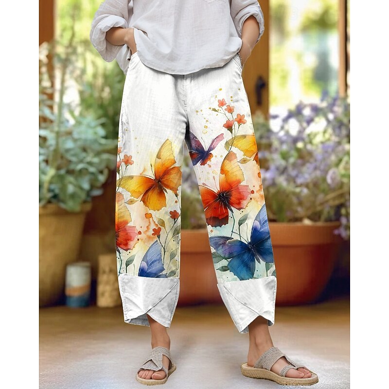 Women's Slacks Pants Trousers Vacation Vintage Casual Ankle-Length High Waist Graphic Butterfly Elastic Waistband Comfy Breathability Soft Inelastic Outdoor Street Daily Black Yellow Orange Summer2