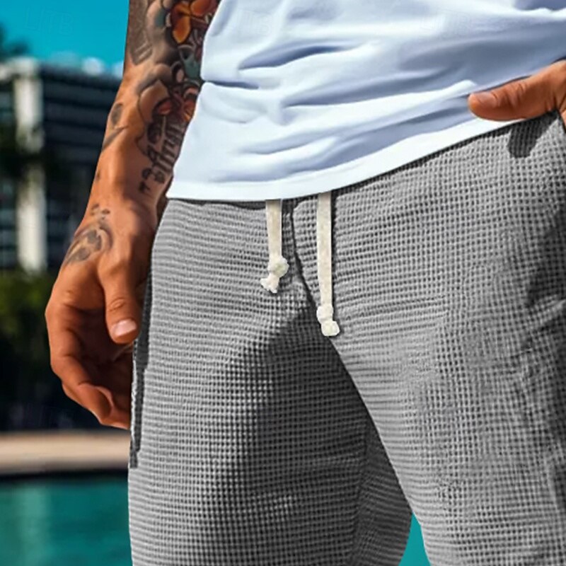 Men's Waffle Shorts Sweat Shorts Beach Shorts Running Shorts Gym Shorts Elastic Waist Drawstring Plain Comfort Knee Length Outdoor Casual Daily Vacation Classic Style White Blue4