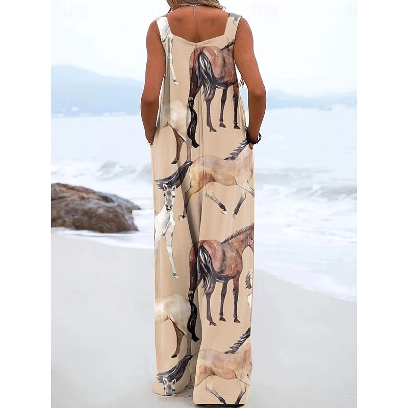 Women's Jumpsuit Active Graphic Sleeveless Wide Leg Vacation Street Loose Fit Black White Beige Summer2