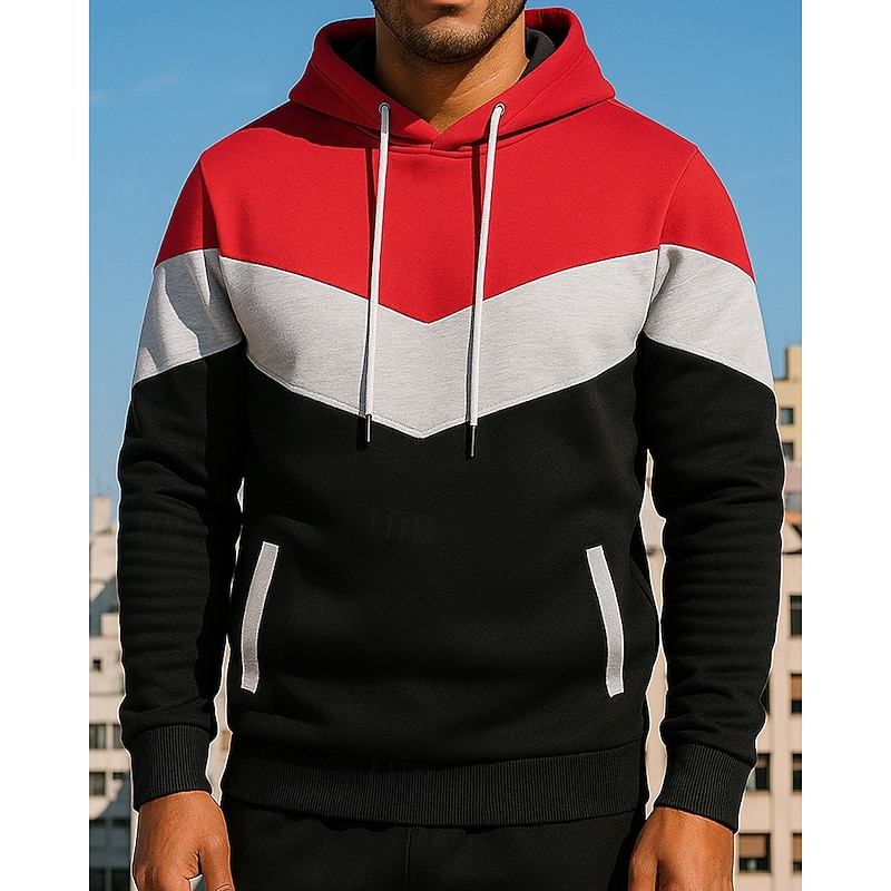 Men's Casual Tops Pullover Hoodie Sweatshirts Drawstring Pocket Long Sleeve Top Athleisure Fall Color Block Windproof Hiking Workout Athletic Sportswear Activewear Wine Red Black White