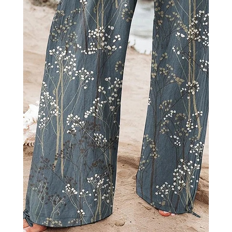 Women's Wide Leg Pants Trousers Palazzo Pants Fashion Streetwear Full Length High Waist Flower Elastic Waist Drawstring Print Breathability Comfortable Street Daily Wear Going out Navy Blue Dark Blue3