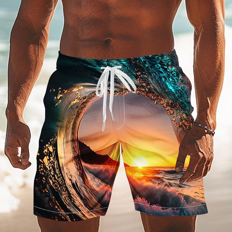 Men's Optical Illusion Ocean Sunset Swim Trunks Swim Shorts Board Shorts Mid Waist Streetwear Hawaiian Vacation Side Pockets Mesh Lining Elastic Drawstring Waist Designer Clothing Apparel4
