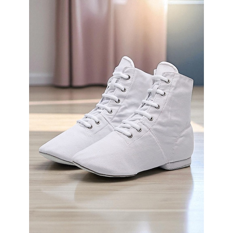 Women's White Canvas Lace-Up Dance Boots - Lightweight Professional Jazz Shoes for Female Dancers and Practice Studio Wear