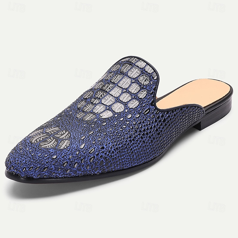 Men's Blue Crocodile Pattern Leather Mule Shoes – Slip-On Luxury Loafers for Stylish Men at Summer Parties and Resort Events2