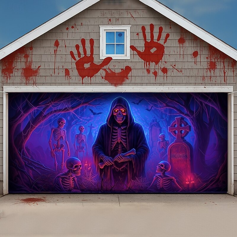 Halloween Garage Door Cover Neon Grim Reaper with Pumpkins Banner, Glowing Blacklight Backdrop Decoration for Holiday Outdoor Garage Door and Home Wall, 2025 Halloween Decorations4