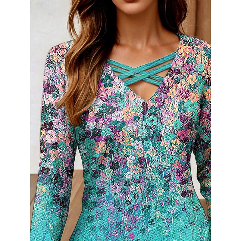 Women's T Shirt Ombre Floral Graphic Vintage Stylish Classic Long Sleeve V Neck Regular Tops Daily Cut Out Print Green Spring Fall2