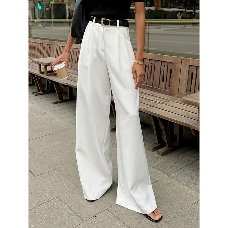 Women's Wide Leg Pants Trousers Streetwear Casual Long High Waist Plain Pocket High Cut Breathability Soft Micro-elastic Office Street Business White Fall Regular Fit