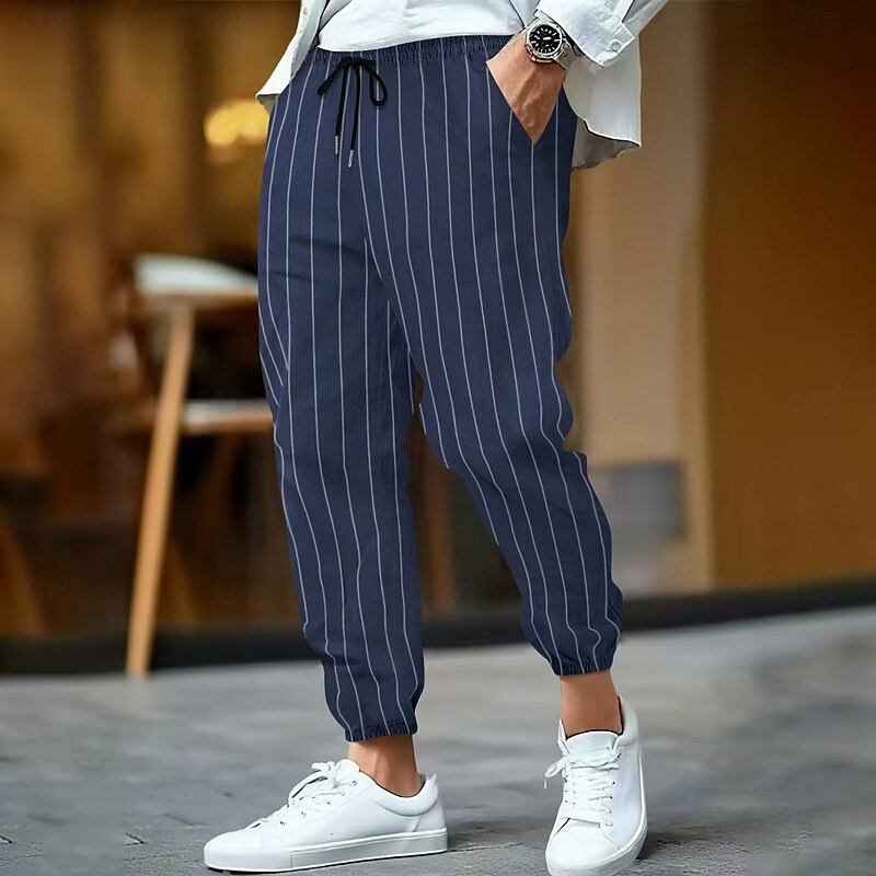 Men's Linen Pants Trousers Summer Pants Pocket Elastic Waist Drawstring Striped Comfort Breathable Full Length Outdoor Business Daily Vacation Business Black White4