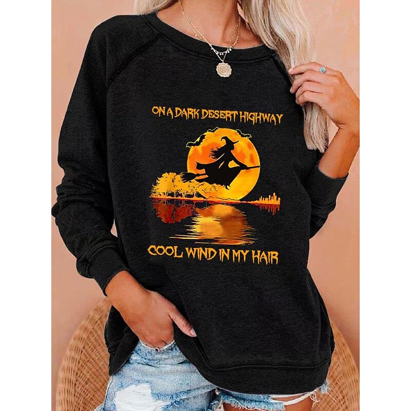 Halloween Women's Sweatshirts Witch Graphic Letter Casual Long Sleeve Crew Neck Regular Tops Casual Black Blue Orange Green Fall2