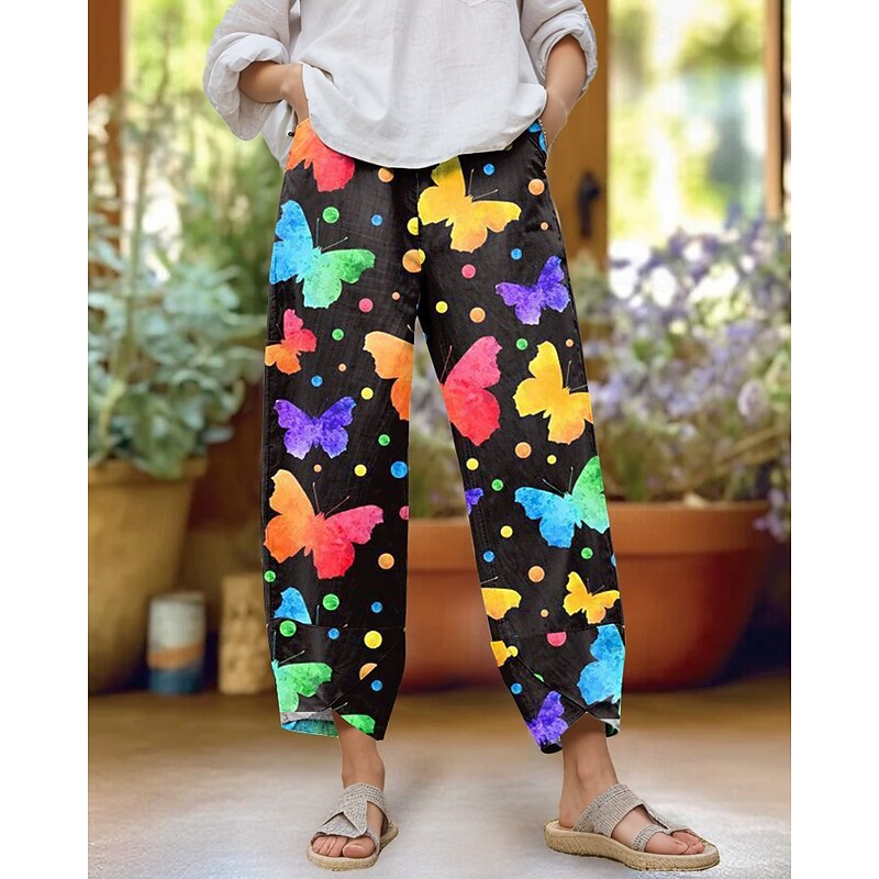 Women's Slacks Pants Trousers Vacation Vintage Casual Ankle-Length High Waist Graphic Butterfly Elastic Waistband Comfy Breathability Soft Inelastic Outdoor Street Daily Black Yellow Orange Summer