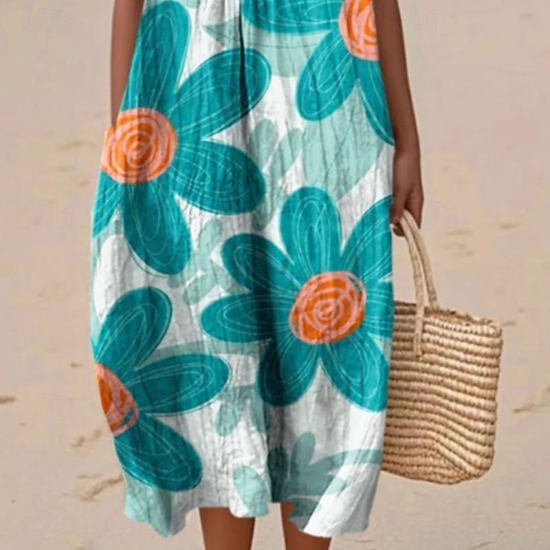 Women's Midi Dress Casual Dress Summer Dress Fashion Modern Daily Beach Weekend Regular Fit Flower Sleeveless Crew Neck Light Blue Spring Fall3