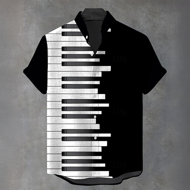 Men's Boardmasters Guitar Piano Shirt Button Up Shirt Stand Collar Shirt Short Sleeve Vintage Retro Vacation Dailywear Beach Wear Summer Spring Mandarin Collar 3D Print Linen Like Shirt Black Red Gold