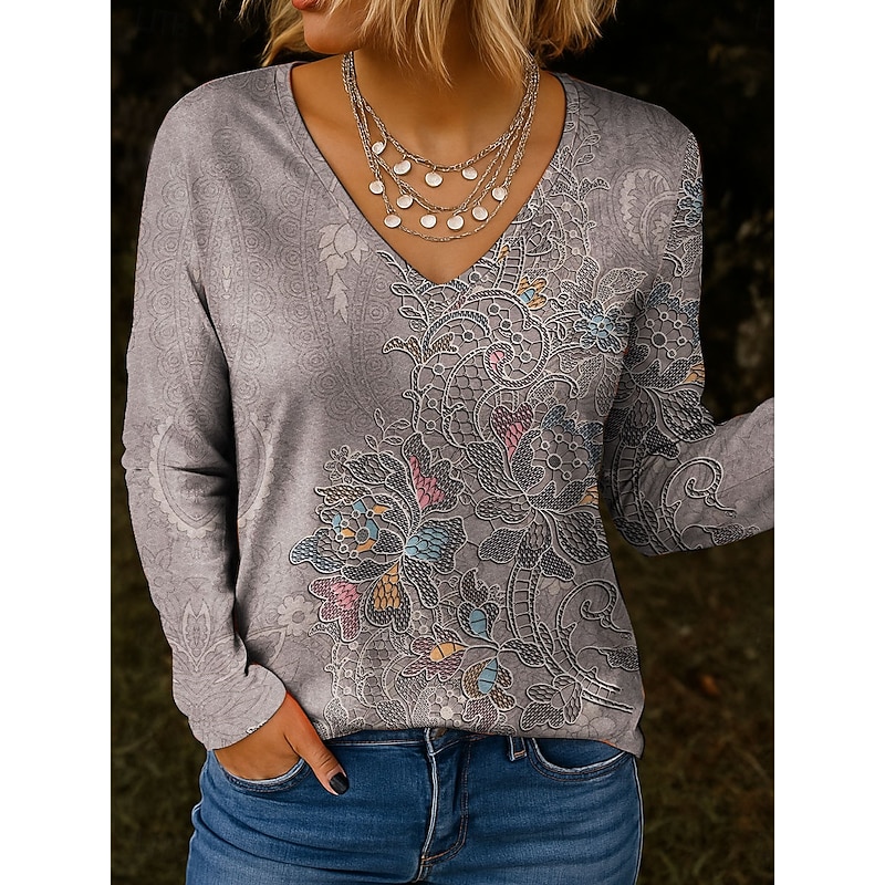 Women's T Shirt V Neck Long Sleeve Tunic Floral Graphic Plants Vintage Stylish Classic Regular Tops Daily Print Pink Blue Green Gray Spring Fall