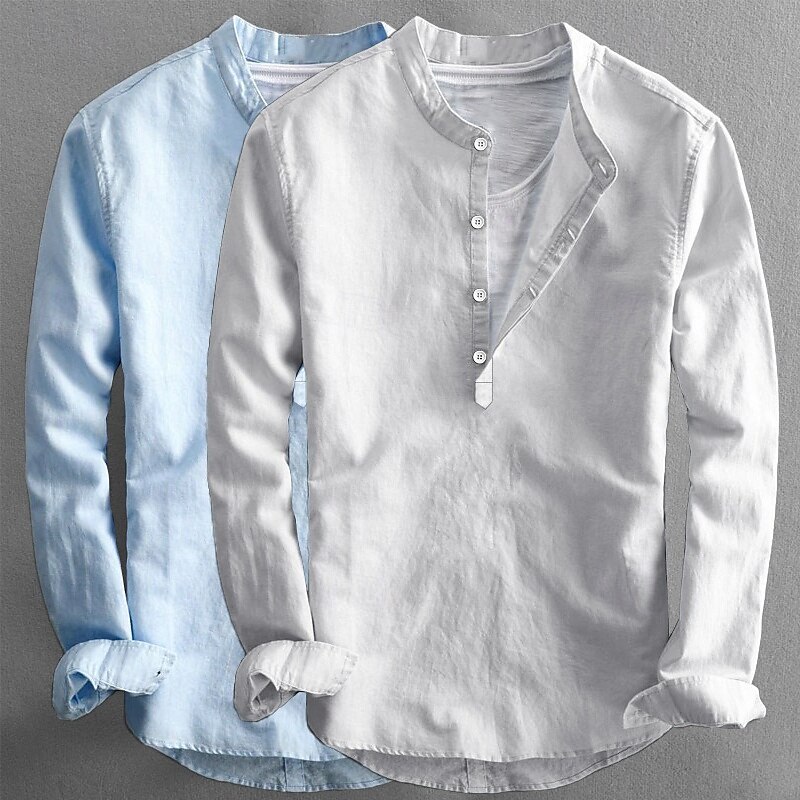 Men's Linen Shirt Popover Shirt Summer Shirt Beach Wear Casual Shirt Band Collar Shirt Plain Vacation Casual Orange+blue Pink+Navy Blue White+Black Pink+Blue Long Sleeve Collar Summer Spring Clothing4