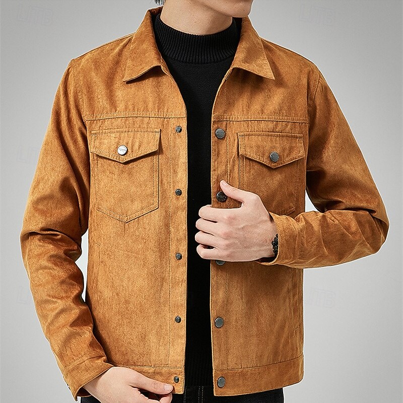 Men's Lightweight Jacket Cargo Jacket Casual Jacket Faux Suede Jacket Vacation Daily Pocket Spring Fall Plain Fashion Classic Lapel Regular Black Khaki Army Green Jacket2